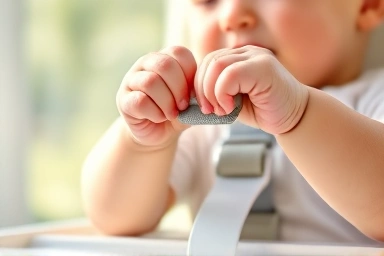 Baby's hands secure in high chair harness buckle.